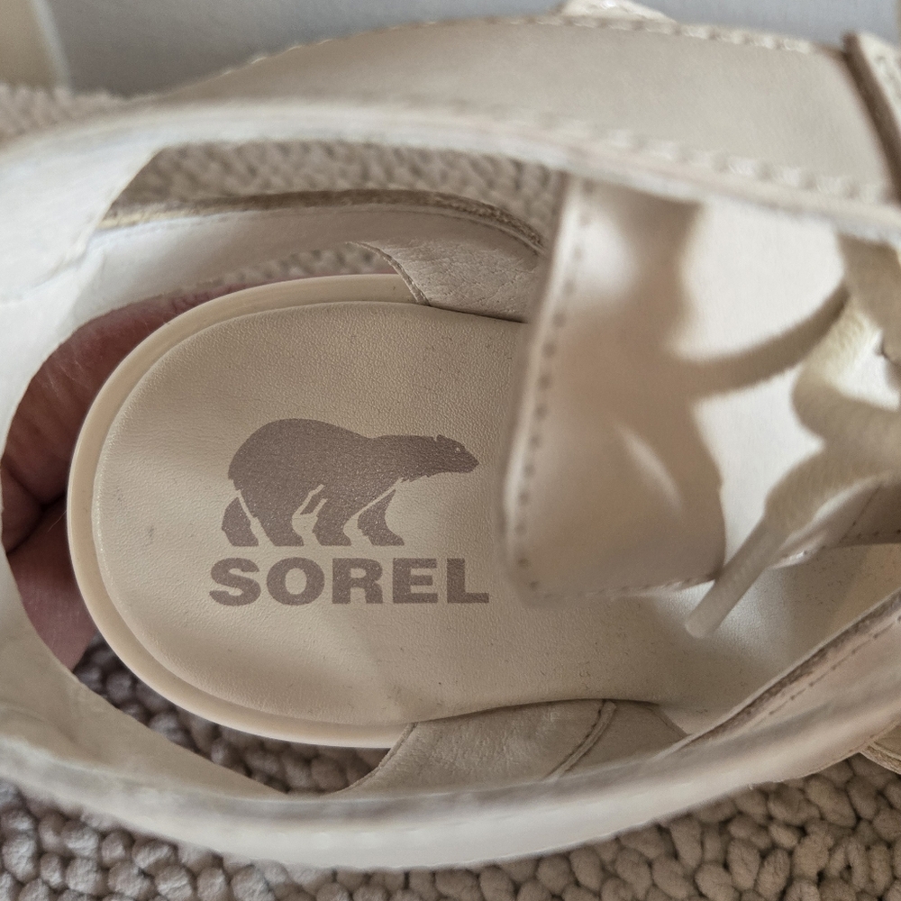 Sorel Joanie lll Lace Wedge Leather Cream Sandals Sz 9 - Picture 4 of 7